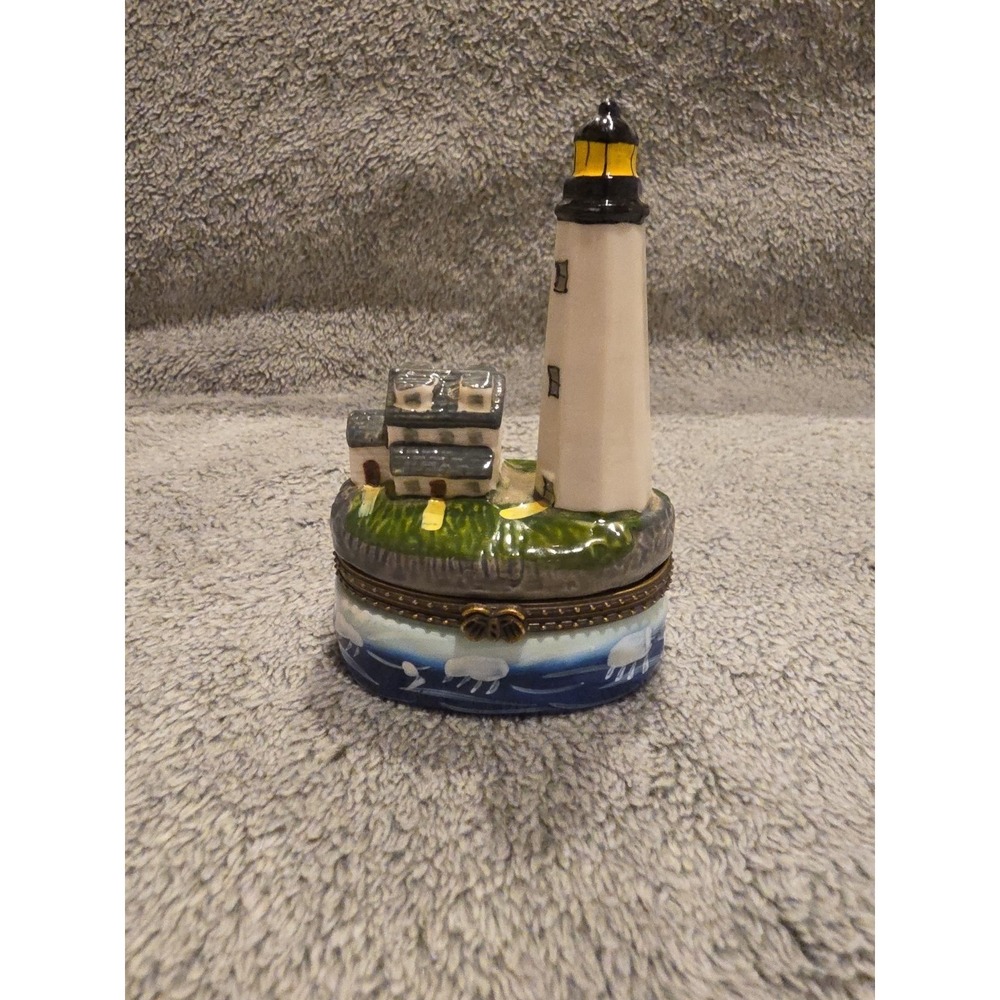 Lighthouse Trinket Box‎ With Small House And Water Accents Brass Closure Ceramic